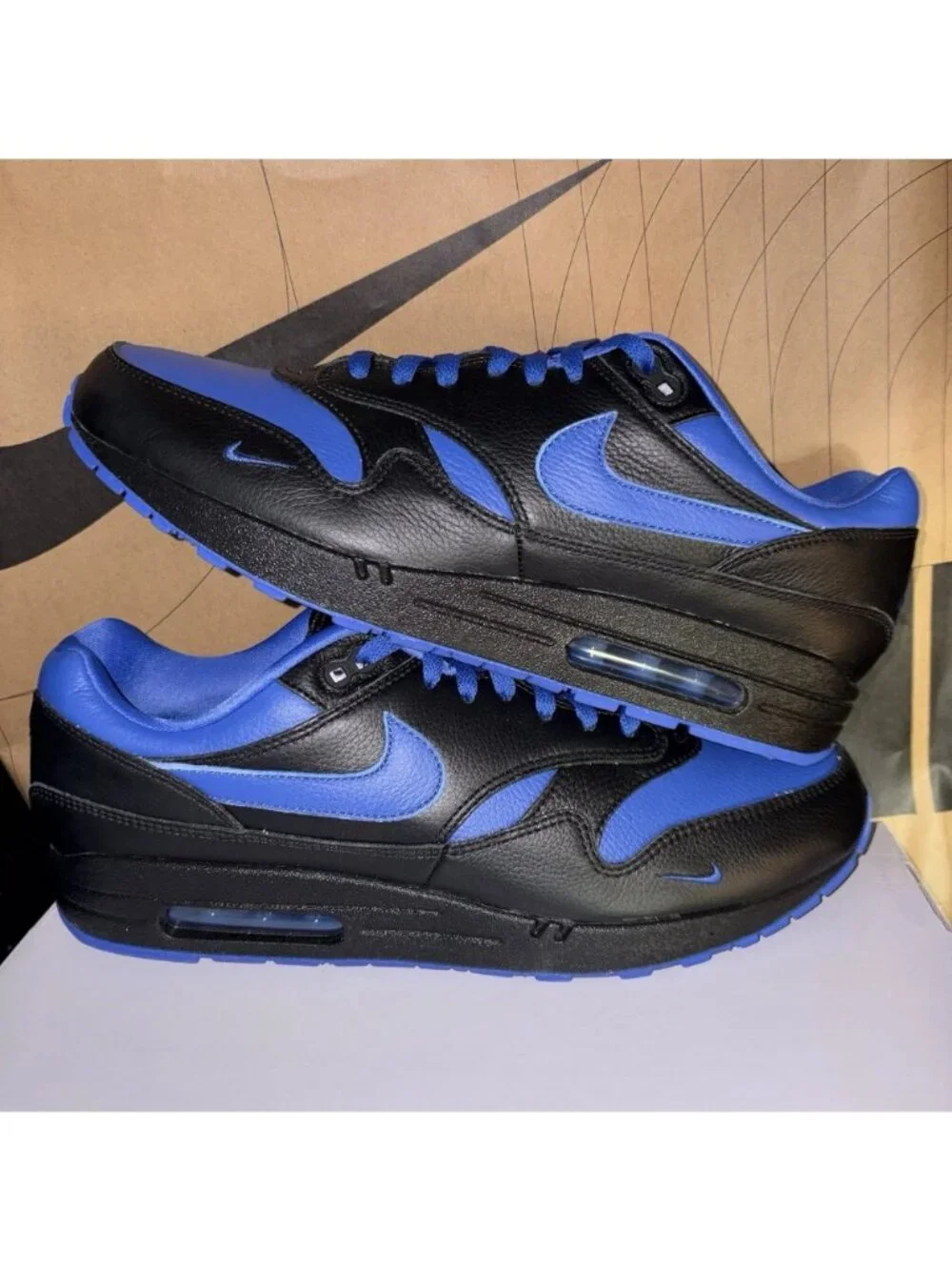 NEW Nike By You Air Max 1 Leather Black Royal Blue HQ3714-900 Men's Size 13
